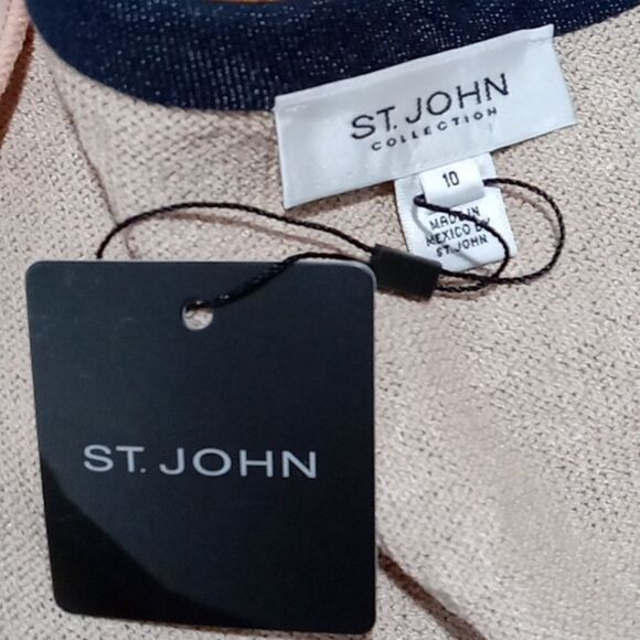 St John Collection classic beige w indigo blue trim cardigan/ jacket size 10 NWT - Picture 5 of 6